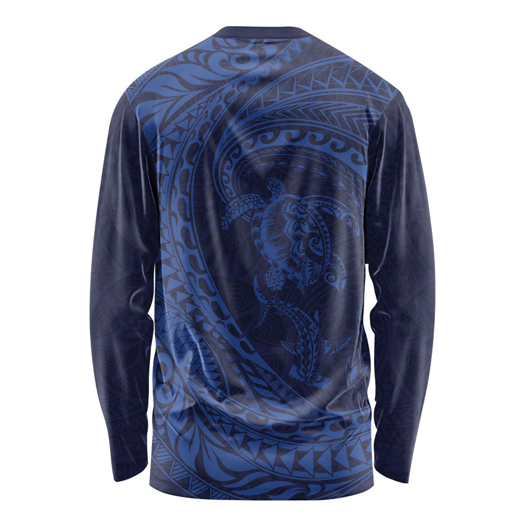 Hawaiian Turtle and Shark Long Sleeve Shirt Kakau Tribal with Polynesian Pattern Blue Color LT03 - Polynesian Pride