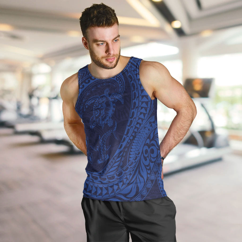 Hawaiian Turtle and Shark Men Tank Top Kakau Tribal with Polynesian Pattern Blue Color LT03 Blue - Polynesian Pride
