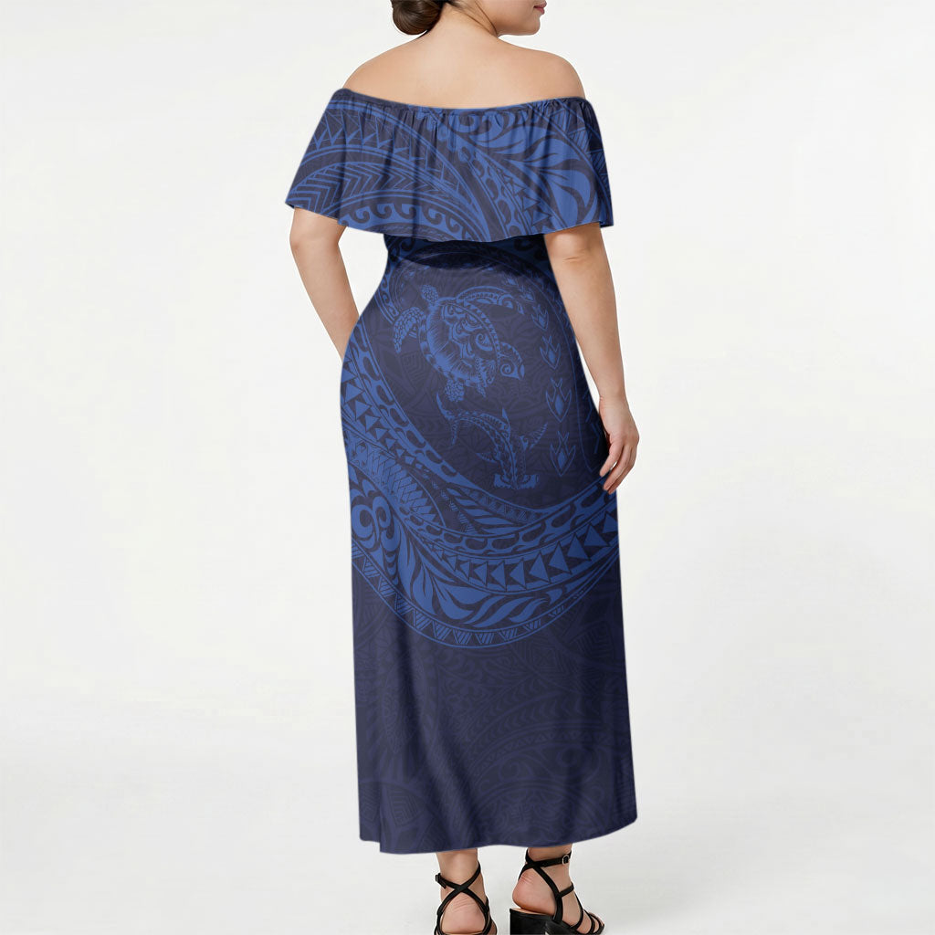 Hawaiian Turtle and Shark Off Shoulder Maxi Dress Kakau Tribal with Polynesian Pattern Blue Color LT03 - Polynesian Pride