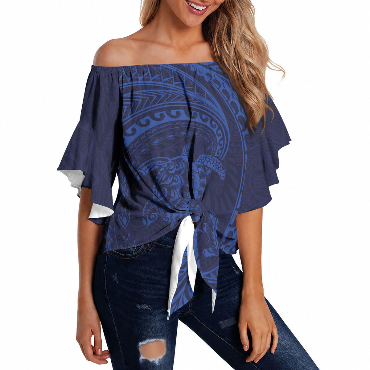 Hawaiian Turtle and Shark Off Shoulder Wrap Waist Top Kakau Tribal with Polynesian Pattern Blue Color LT03 Blue - Polynesian Pride