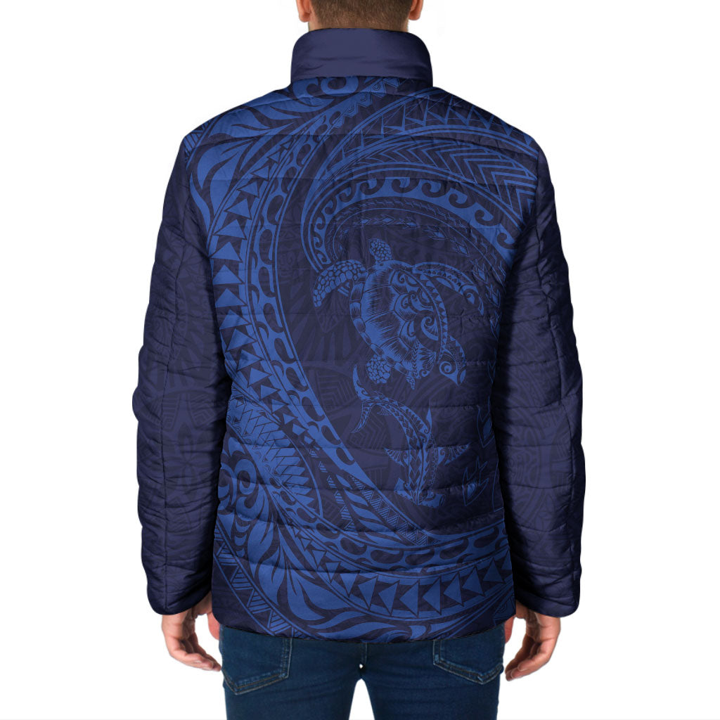 Hawaiian Turtle and Shark Padded Jacket Kakau Tribal with Polynesian Pattern Blue Color LT03 - Polynesian Pride