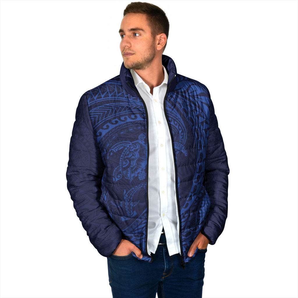 Hawaiian Turtle and Shark Padded Jacket Kakau Tribal with Polynesian Pattern Blue Color LT03 - Polynesian Pride