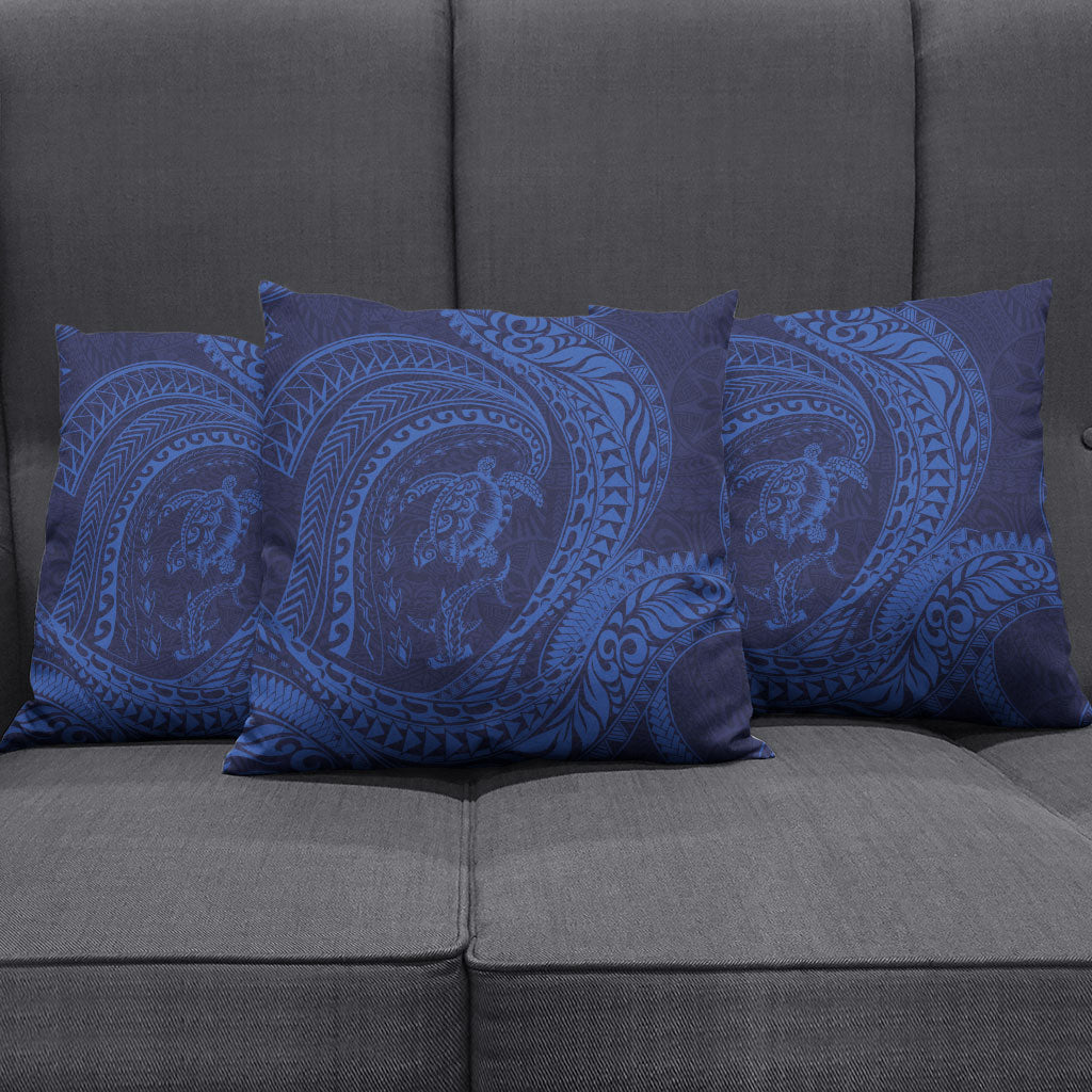 Hawaiian Turtle and Shark Pillow Cover Kakau Tribal with Polynesian Pattern Blue Color LT03 - Polynesian Pride