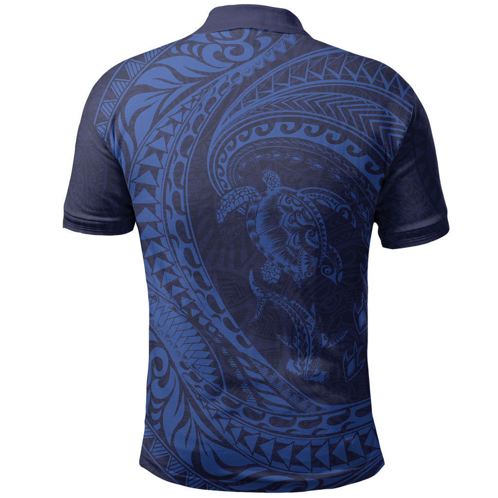 Hawaiian Turtle and Shark Polo Shirt Kakau Tribal with Polynesian Pattern Blue Color LT03 - Polynesian Pride