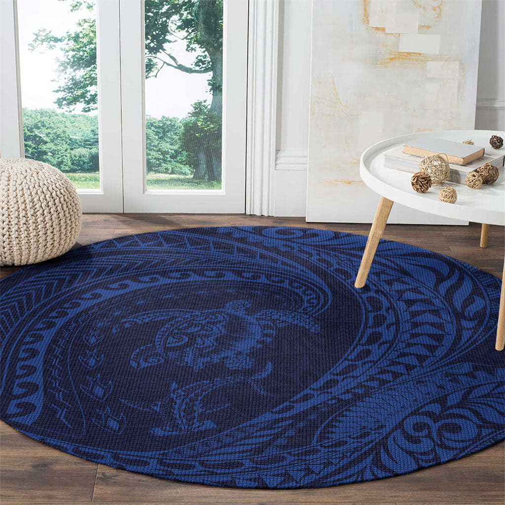 Hawaiian Turtle and Shark Round Carpet Kakau Tribal with Polynesian Pattern Blue Color LT03 - Polynesian Pride