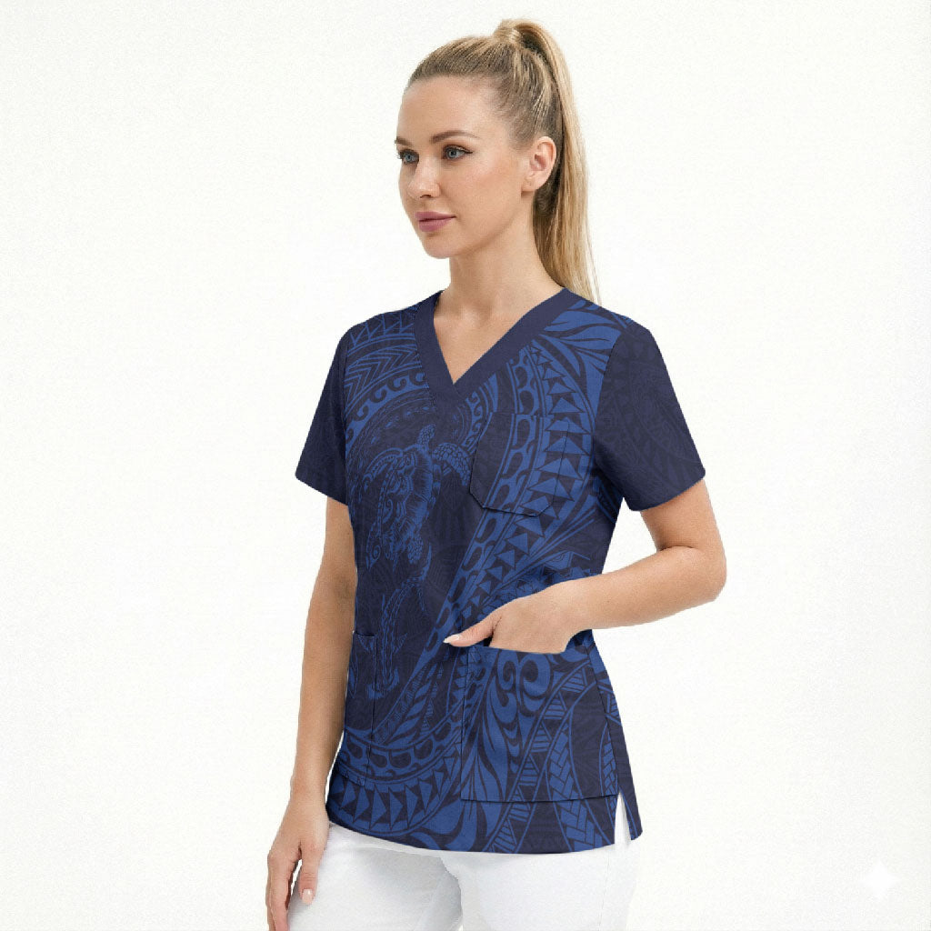 Hawaiian Turtle and Shark Scrub Top Kakau Tribal with Polynesian Pattern Blue Color LT03 - Polynesian Pride