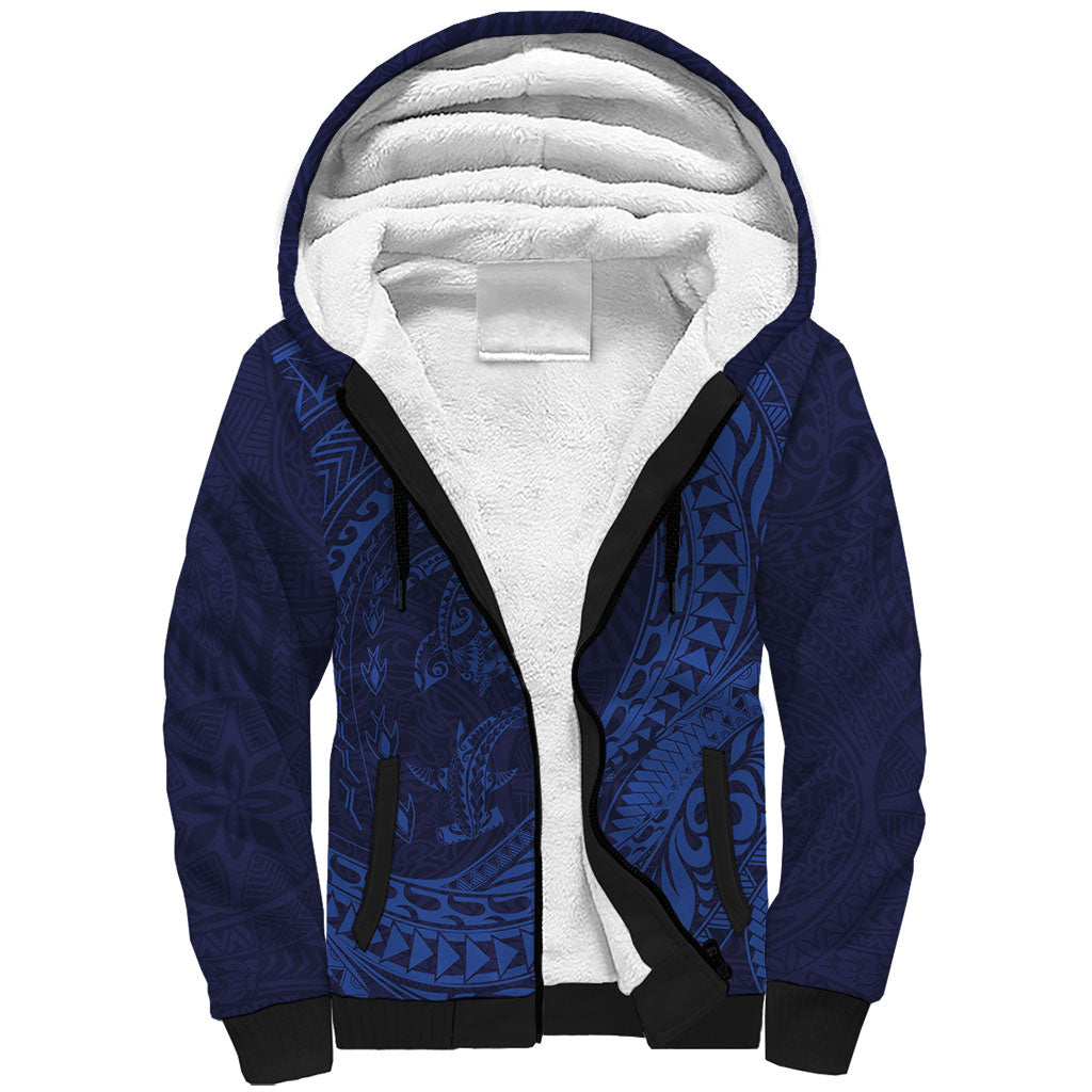 Hawaiian Turtle and Shark Sherpa Hoodie Kakau Tribal with Polynesian Pattern Blue Color LT03 Unisex Blue - Polynesian Pride