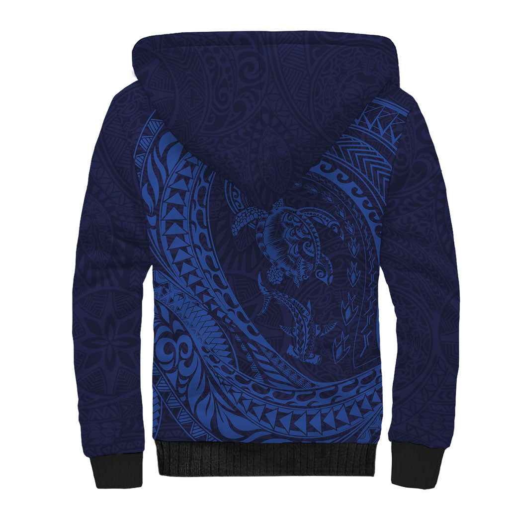 Hawaiian Turtle and Shark Sherpa Hoodie Kakau Tribal with Polynesian Pattern Blue Color LT03 - Polynesian Pride