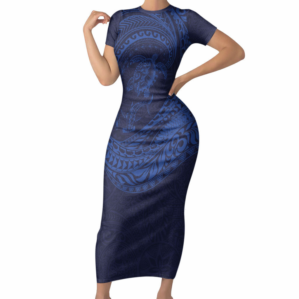 Hawaiian Turtle and Shark Short Sleeve Bodycon Dress Kakau Tribal with Polynesian Pattern Blue Color LT03 Long Dress Blue - Polynesian Pride