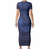 Hawaiian Turtle and Shark Short Sleeve Bodycon Dress Kakau Tribal with Polynesian Pattern Blue Color LT03 - Polynesian Pride