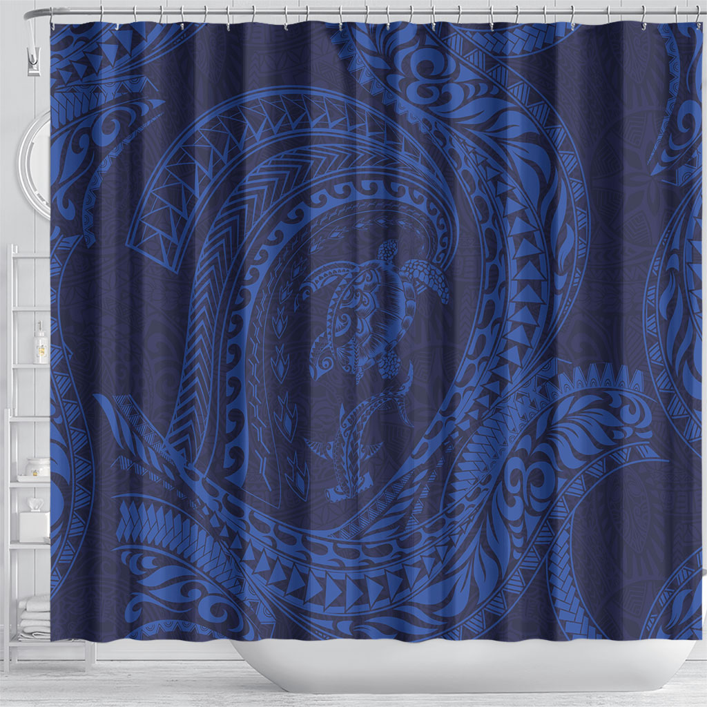 Hawaiian Turtle and Shark Shower Curtain Kakau Tribal with Polynesian Pattern Blue Color LT03 - Polynesian Pride