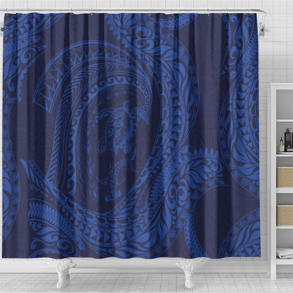 Hawaiian Turtle and Shark Shower Curtain Kakau Tribal with Polynesian Pattern Blue Color LT03 - Polynesian Pride