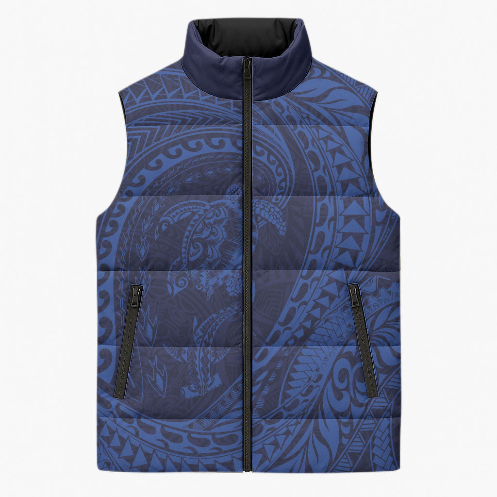 Hawaiian Turtle and Shark Sleeveless Puffer Jacket Kakau Tribal with Polynesian Pattern Blue Color LT03 Unisex Blue - Polynesian Pride