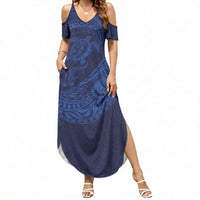 Hawaiian Turtle and Shark Summer Maxi Dress Kakau Tribal with Polynesian Pattern Blue Color LT03 Women Blue - Polynesian Pride