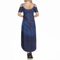 Hawaiian Turtle and Shark Summer Maxi Dress Kakau Tribal with Polynesian Pattern Blue Color LT03 - Polynesian Pride