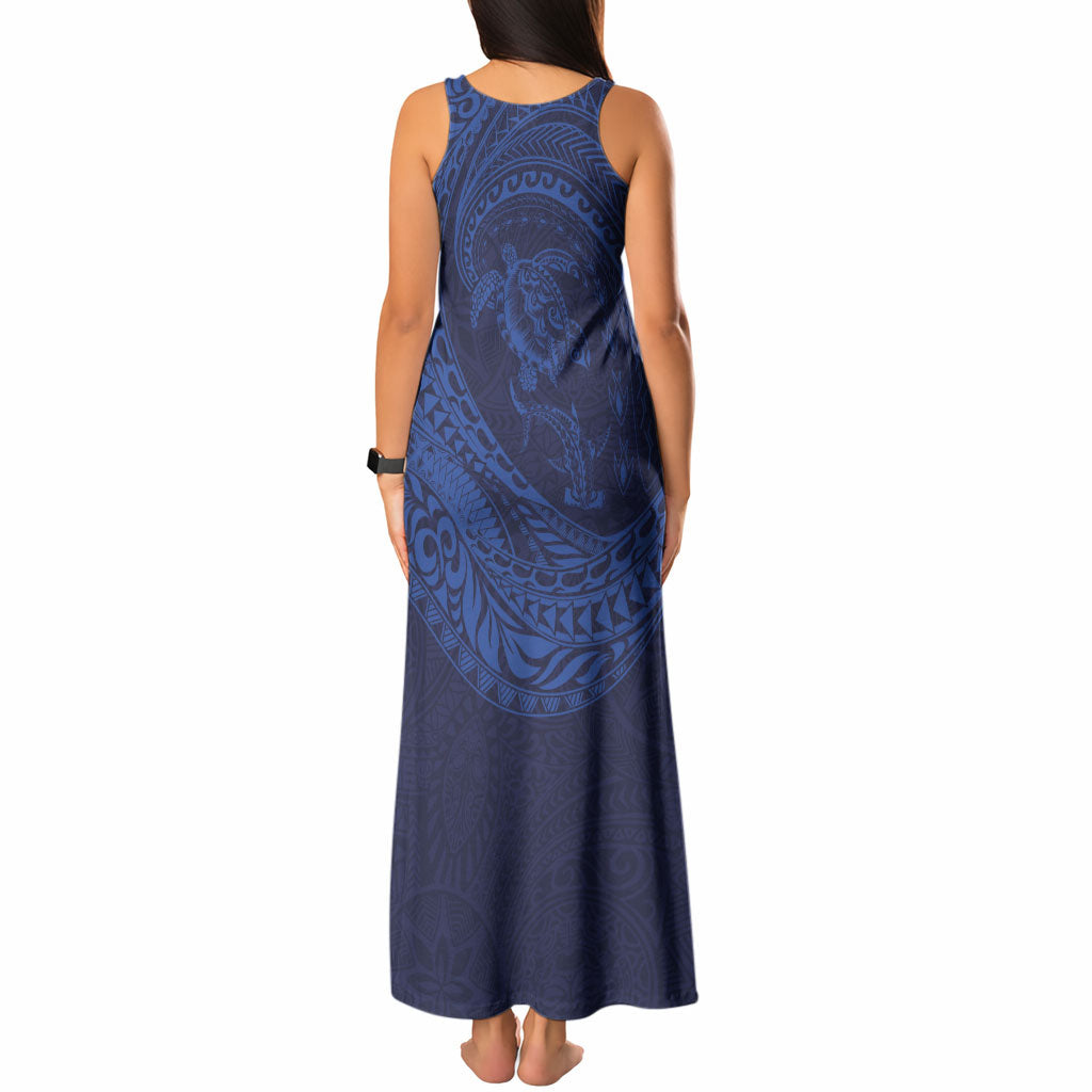 Hawaiian Turtle and Shark Tank Maxi Dress Kakau Tribal with Polynesian Pattern Blue Color LT03 - Polynesian Pride