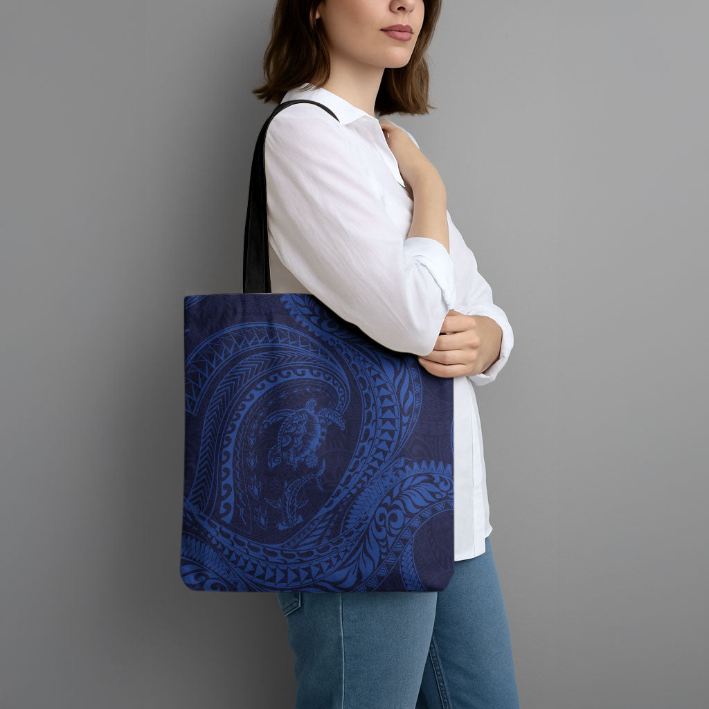 Hawaiian Turtle and Shark Tote Bag Kakau Tribal with Polynesian Pattern Blue Color LT03 - Polynesian Pride