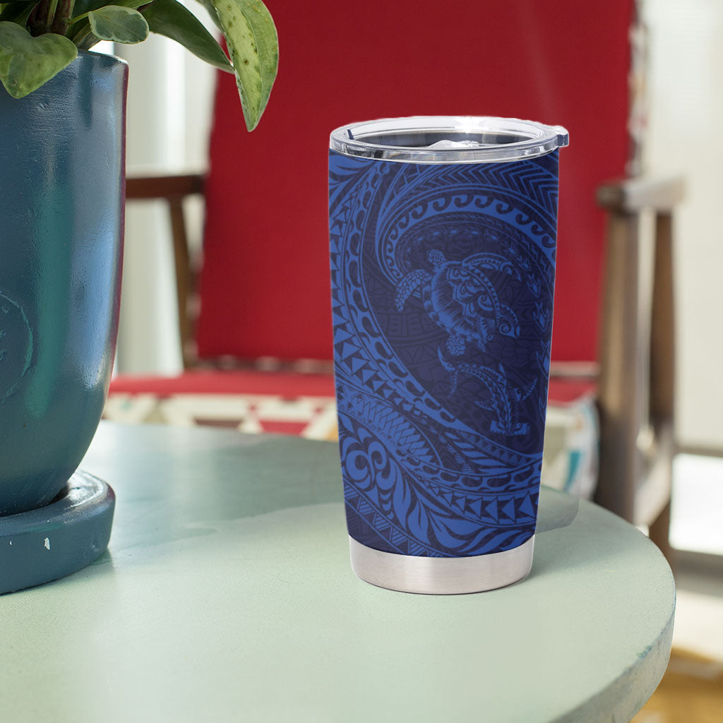 Hawaiian Turtle and Shark Tumbler Cup Kakau Tribal with Polynesian Pattern Blue Color LT03 - Polynesian Pride