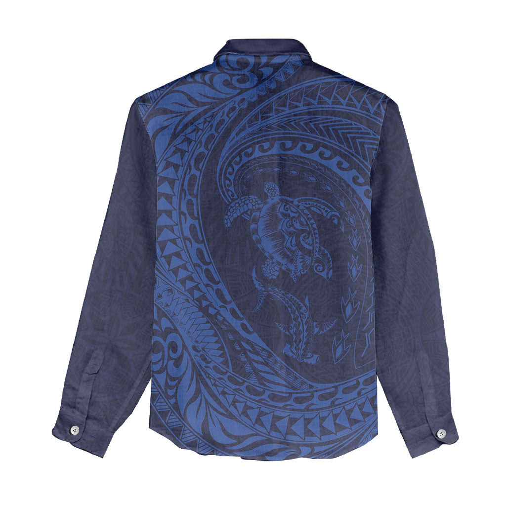 Hawaiian Turtle and Shark Women Casual Shirt Kakau Tribal with Polynesian Pattern Blue Color LT03 - Polynesian Pride