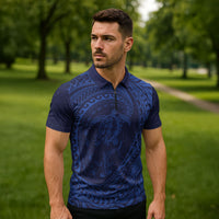 Hawaiian Turtle and Shark Zipper Polo Shirt Kakau Tribal with Polynesian Pattern Blue Color LT03 - Polynesian Pride
