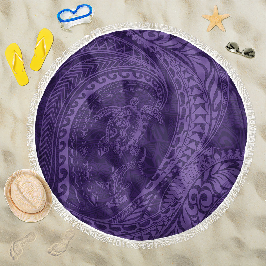 Hawaiian Turtle and Shark Beach Blanket Kakau Tribal with Polynesian Pattern Purple Color LT03 One Size 150cm Purple - Polynesian Pride