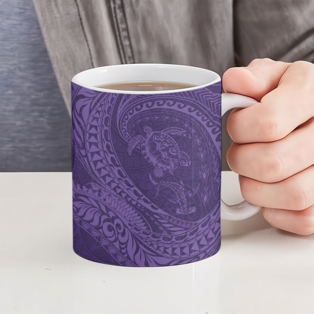Hawaiian Turtle and Shark Ceramic Mug Kakau Tribal with Polynesian Pattern Purple Color LT03 - Polynesian Pride