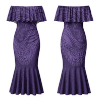 Hawaiian Turtle and Shark Couples Matching Mermaid Dress and Long Sleeve Button Shirt Kakau Tribal with Polynesian Pattern Purple Color LT03 - Polynesian Pride