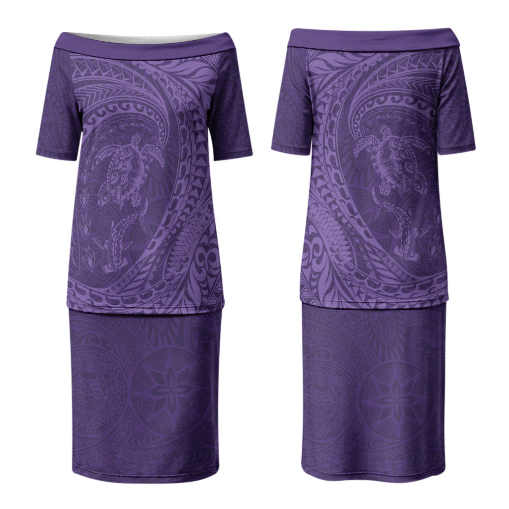 Hawaiian Turtle and Shark Couples Matching Puletasi and Long Sleeve Button Shirt Kakau Tribal with Polynesian Pattern Purple Color LT03 - Polynesian Pride