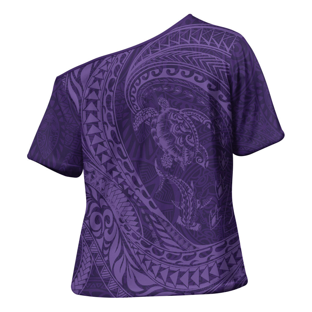 Hawaiian Turtle and Shark Cross Shoulder Shirt Kakau Tribal with Polynesian Pattern Purple Color LT03 - Polynesian Pride