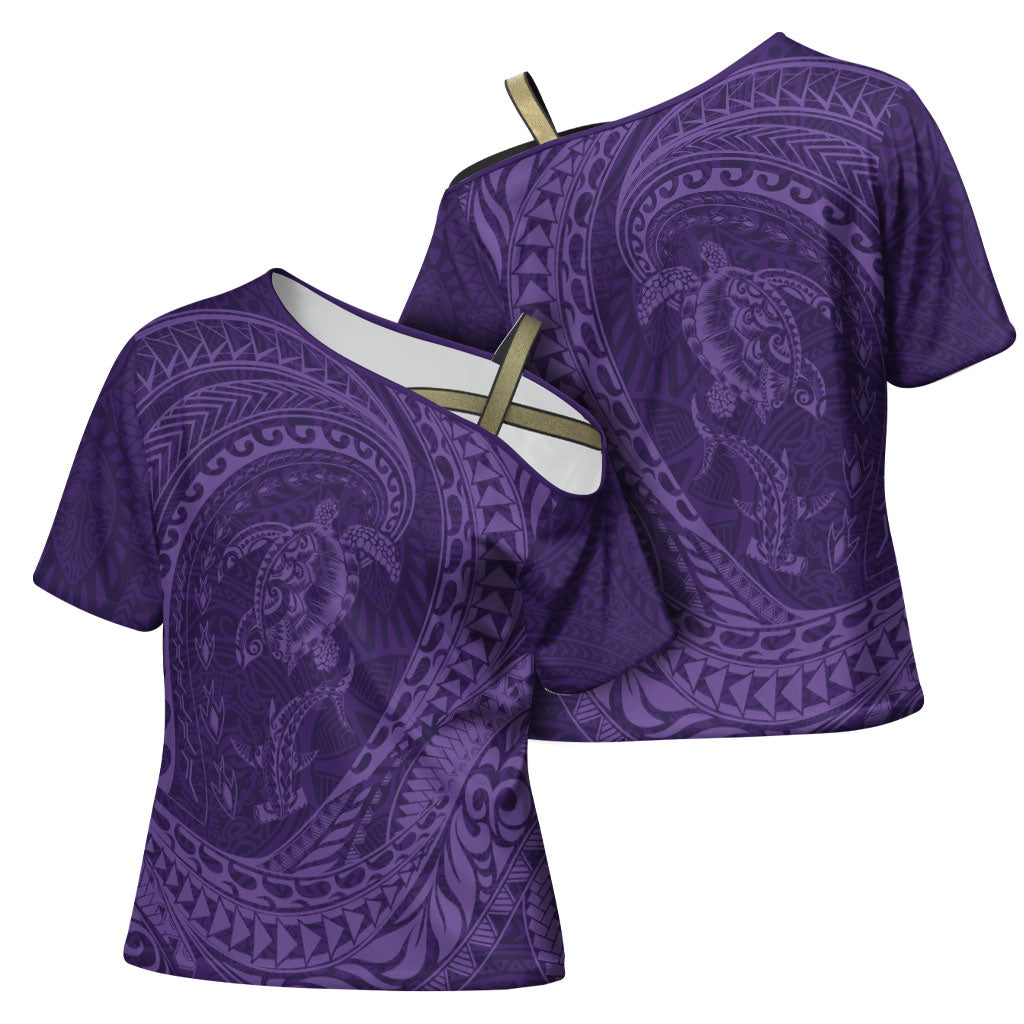 Hawaiian Turtle and Shark Cross Shoulder Shirt Kakau Tribal with Polynesian Pattern Purple Color LT03 - Polynesian Pride