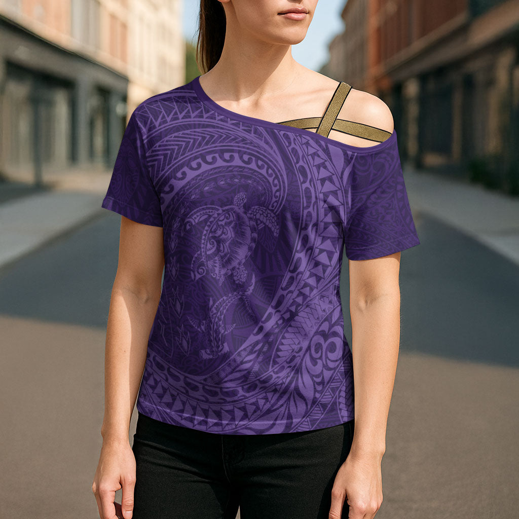 Hawaiian Turtle and Shark Cross Shoulder Shirt Kakau Tribal with Polynesian Pattern Purple Color LT03 - Polynesian Pride
