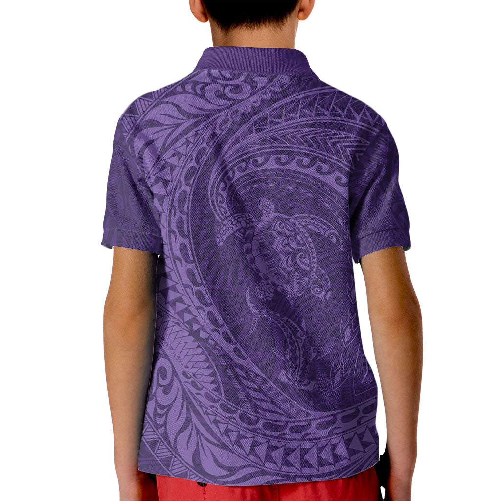 Hawaiian Turtle and Shark Kid Polo Shirt Kakau Tribal with Polynesian Pattern Purple Color LT03 - Polynesian Pride