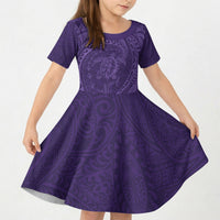 Hawaiian Turtle and Shark Kid Short Sleeve Dress Kakau Tribal with Polynesian Pattern Purple Color LT03 KID Purple - Polynesian Pride
