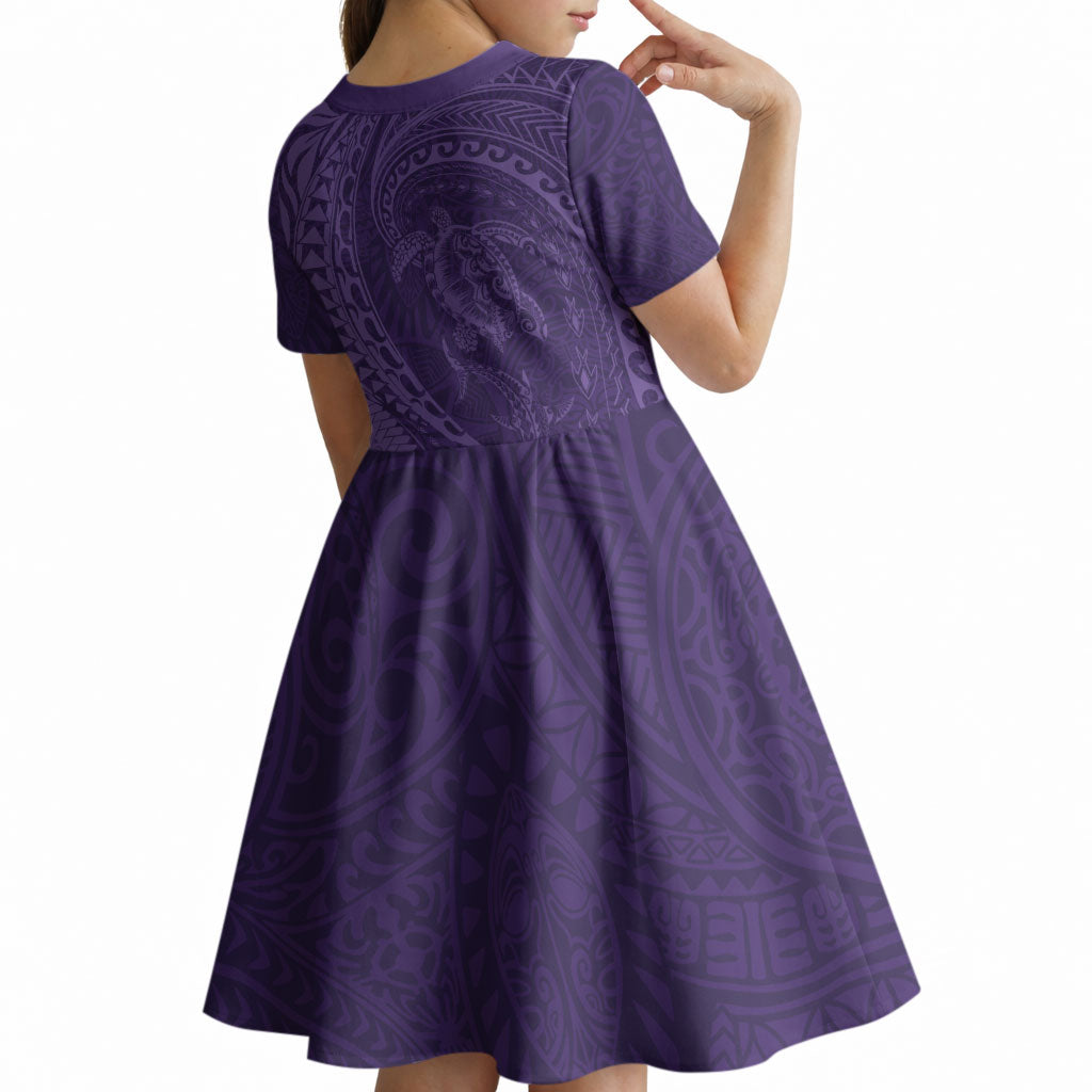 Hawaiian Turtle and Shark Kid Short Sleeve Dress Kakau Tribal with Polynesian Pattern Purple Color LT03 - Polynesian Pride