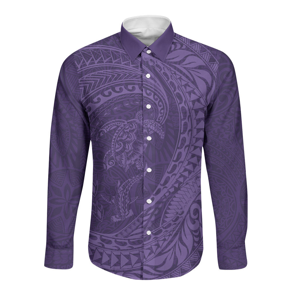 Hawaiian Turtle and Shark Long Sleeve Button Shirt Kakau Tribal with Polynesian Pattern Purple Color LT03 Unisex Purple - Polynesian Pride