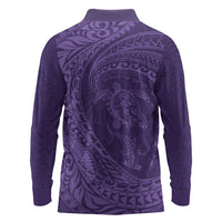 Hawaiian Turtle and Shark Long Sleeve Polo Shirt Kakau Tribal with Polynesian Pattern Purple Color LT03 - Polynesian Pride