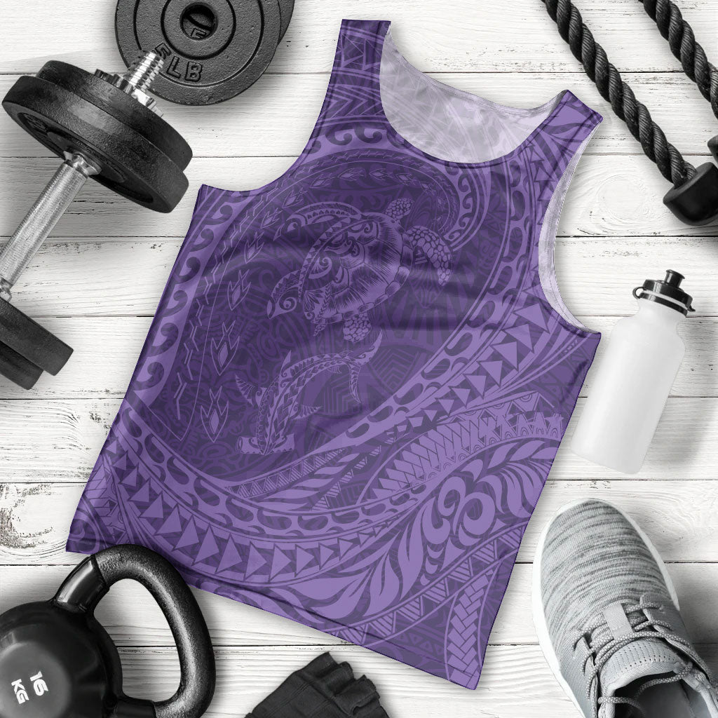 Hawaiian Turtle and Shark Men Tank Top Kakau Tribal with Polynesian Pattern Purple Color LT03 - Polynesian Pride