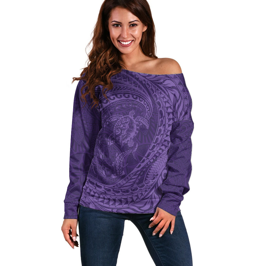 Hawaiian Turtle and Shark Off Shoulder Sweater Kakau Tribal with Polynesian Pattern Purple Color LT03 Women Purple - Polynesian Pride