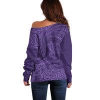 Hawaiian Turtle and Shark Off Shoulder Sweater Kakau Tribal with Polynesian Pattern Purple Color LT03 - Polynesian Pride