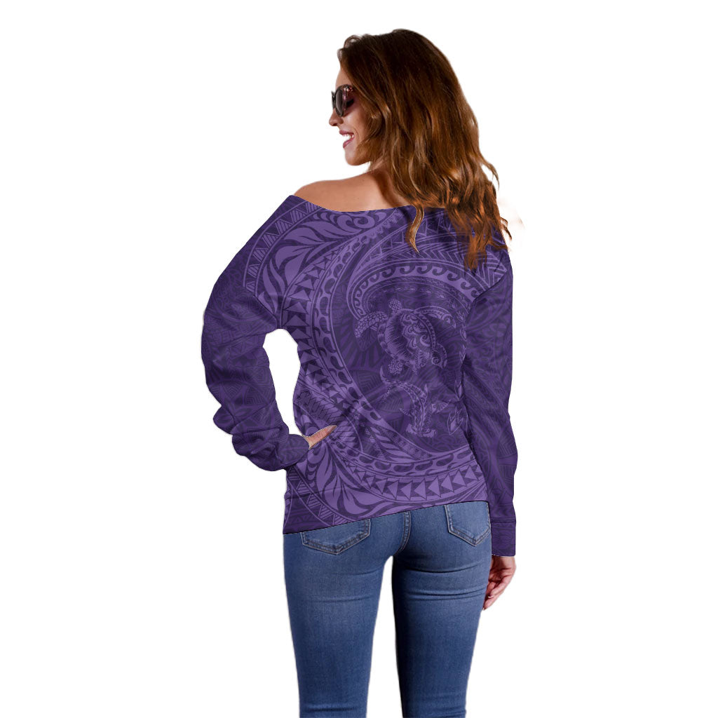 Hawaiian Turtle and Shark Off Shoulder Sweater Kakau Tribal with Polynesian Pattern Purple Color LT03 - Polynesian Pride