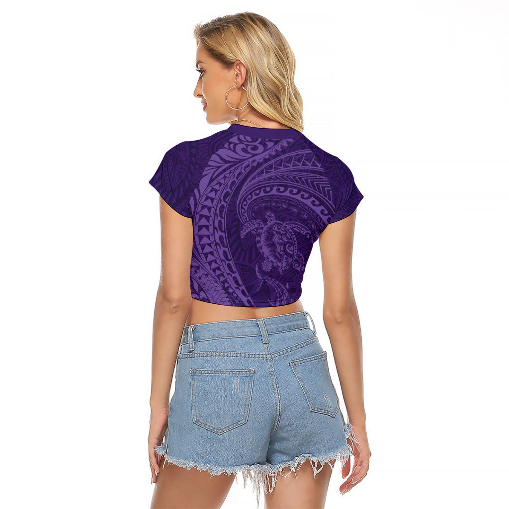 Hawaiian Turtle and Shark Raglan Cropped T Shirt Kakau Tribal with Polynesian Pattern Purple Color LT03 - Polynesian Pride