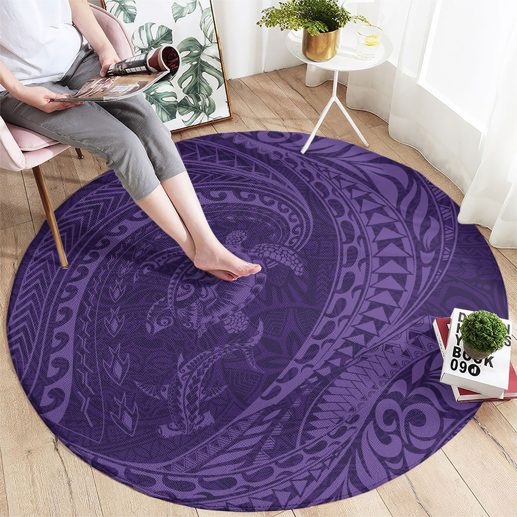 Hawaiian Turtle and Shark Round Carpet Kakau Tribal with Polynesian Pattern Purple Color LT03 - Polynesian Pride