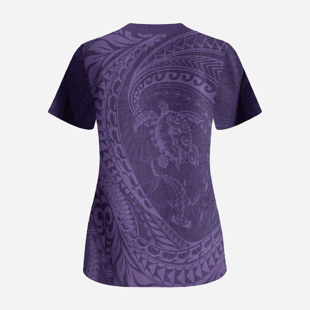 Hawaiian Turtle and Shark Scrub Top Kakau Tribal with Polynesian Pattern Purple Color LT03 - Polynesian Pride