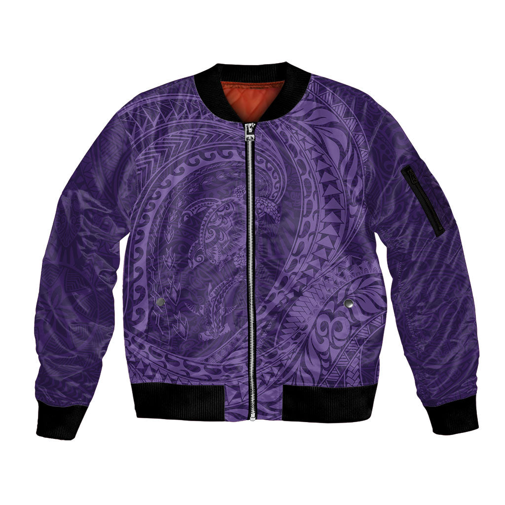Hawaiian Turtle and Shark Sleeve Zip Bomber Jacket Kakau Tribal with Polynesian Pattern Purple Color LT03 Unisex Purple - Polynesian Pride