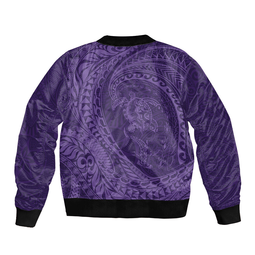 Hawaiian Turtle and Shark Sleeve Zip Bomber Jacket Kakau Tribal with Polynesian Pattern Purple Color LT03 - Polynesian Pride