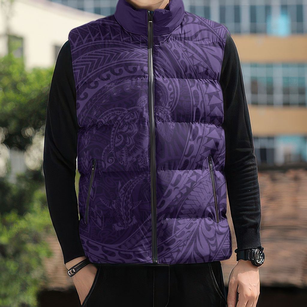 Hawaiian Turtle and Shark Sleeveless Puffer Jacket Kakau Tribal with Polynesian Pattern Purple Color LT03 - Polynesian Pride