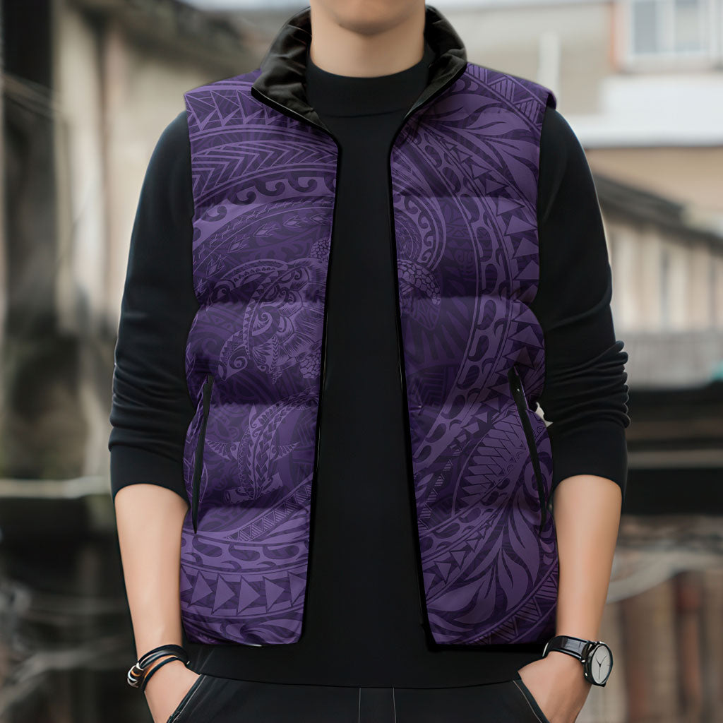Hawaiian Turtle and Shark Sleeveless Puffer Jacket Kakau Tribal with Polynesian Pattern Purple Color LT03 - Polynesian Pride