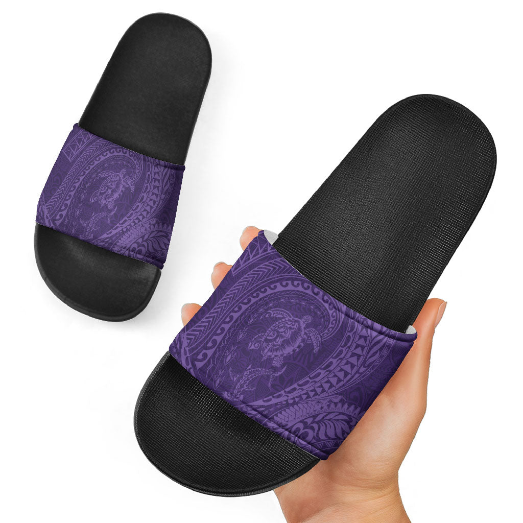 Hawaiian Turtle and Shark Slide Sandals Kakau Tribal with Polynesian Pattern Purple Color LT03 - Polynesian Pride