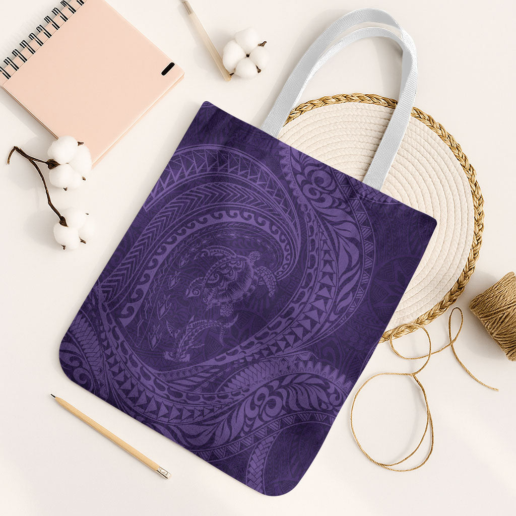 Hawaiian Turtle and Shark Tote Bag Kakau Tribal with Polynesian Pattern Purple Color LT03 White Strap One Size Purple - Polynesian Pride