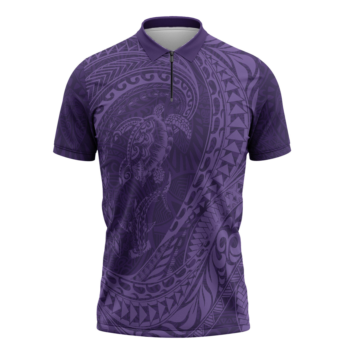 Hawaiian Turtle and Shark Zipper Polo Shirt Kakau Tribal with Polynesian Pattern Purple Color LT03 Purple - Polynesian Pride